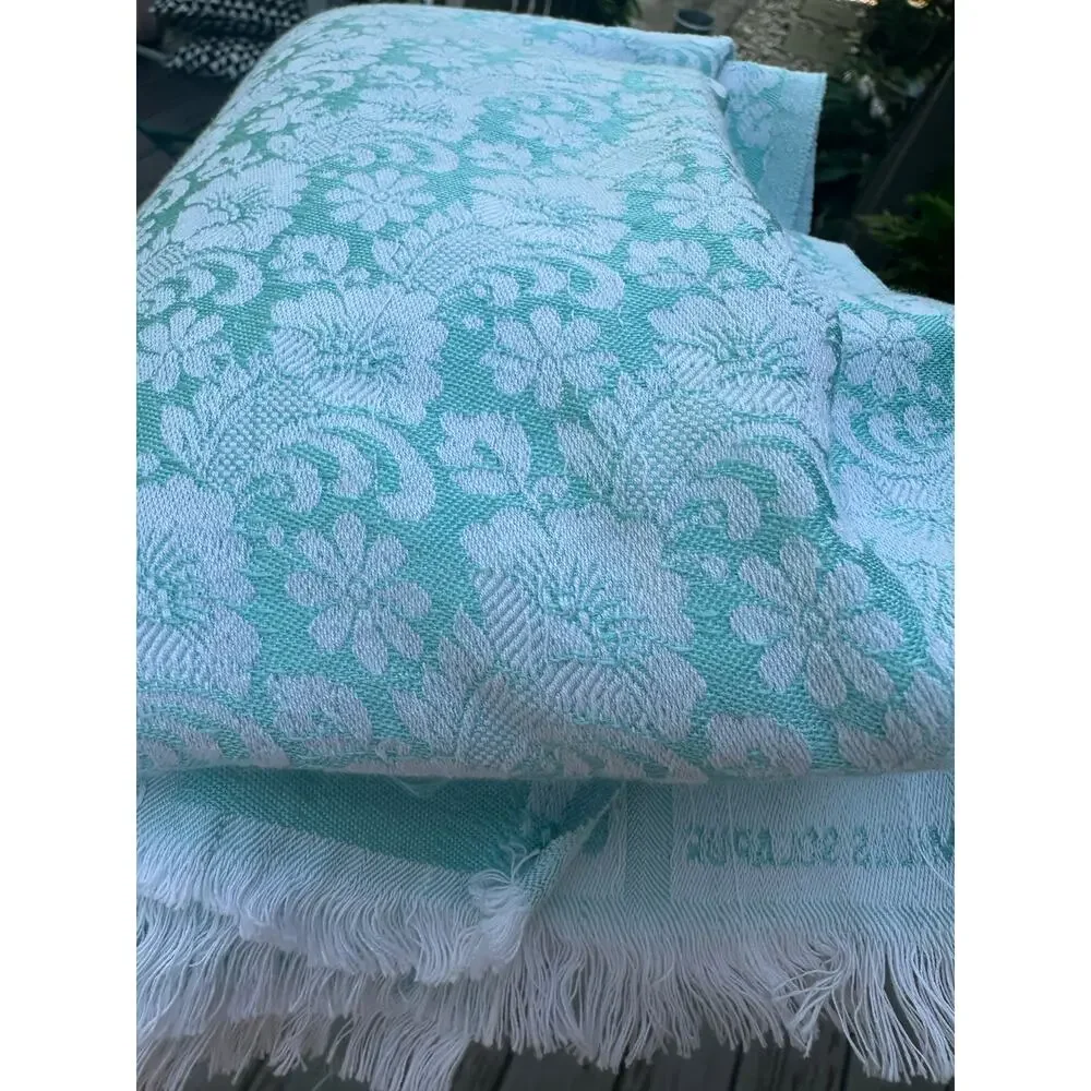 Vintage damask throw blanket floral jacquard woven Gangi blue jacquard teal